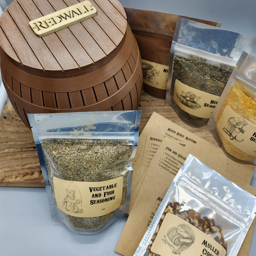 Redwall Inspired Spice Set – 5 Fantasy Cooking Blends with Recipe Cards & 3D Barrel