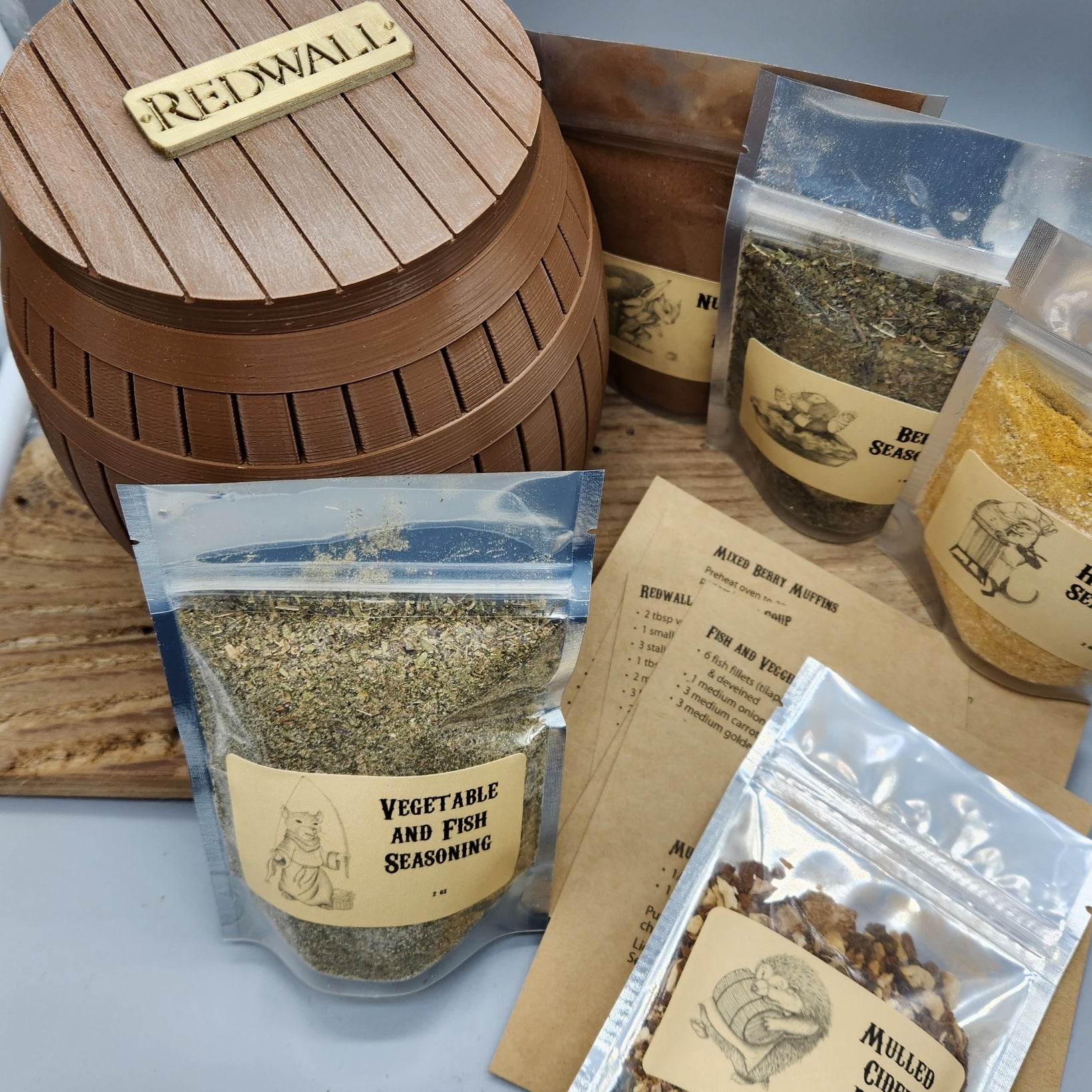 Redwall Inspired Spice Set – 5 Fantasy Cooking Blends with Recipe Cards & 3D Barrel
