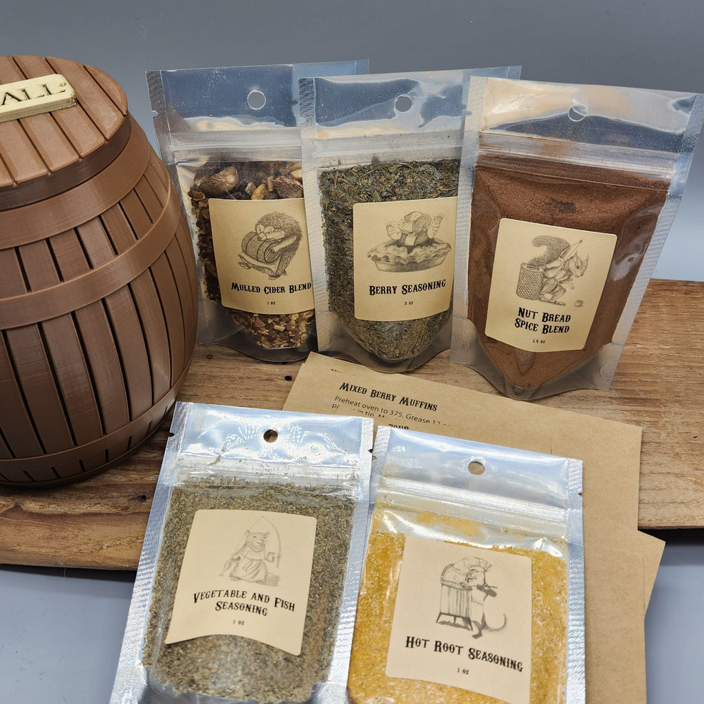 Redwall Inspired Spice Set – 5 Fantasy Cooking Blends with Recipe Cards & 3D Barrel