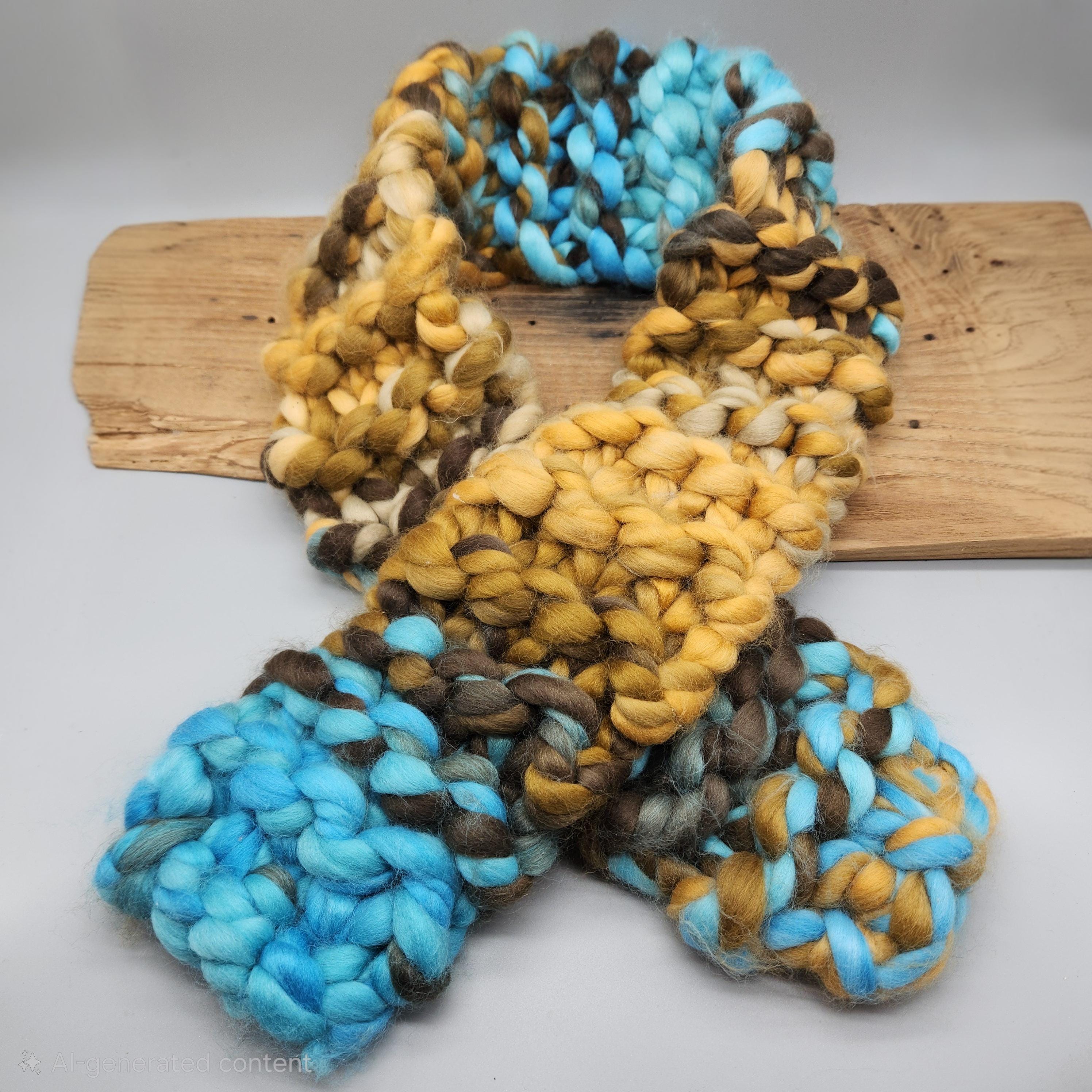 Hand Knitted Scarf – Chunky Acrylic Neck Rug in Blue, Brown & Tan