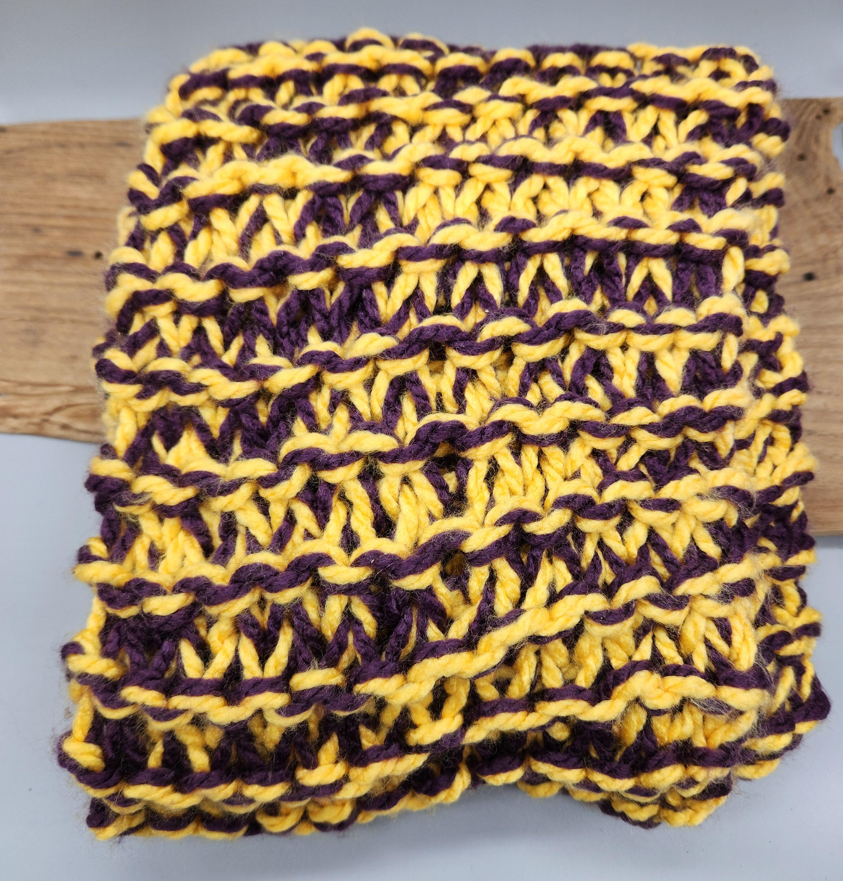 Hand Knitted Scarf – Purple & Gold WCU Western Carolina University Team Colors