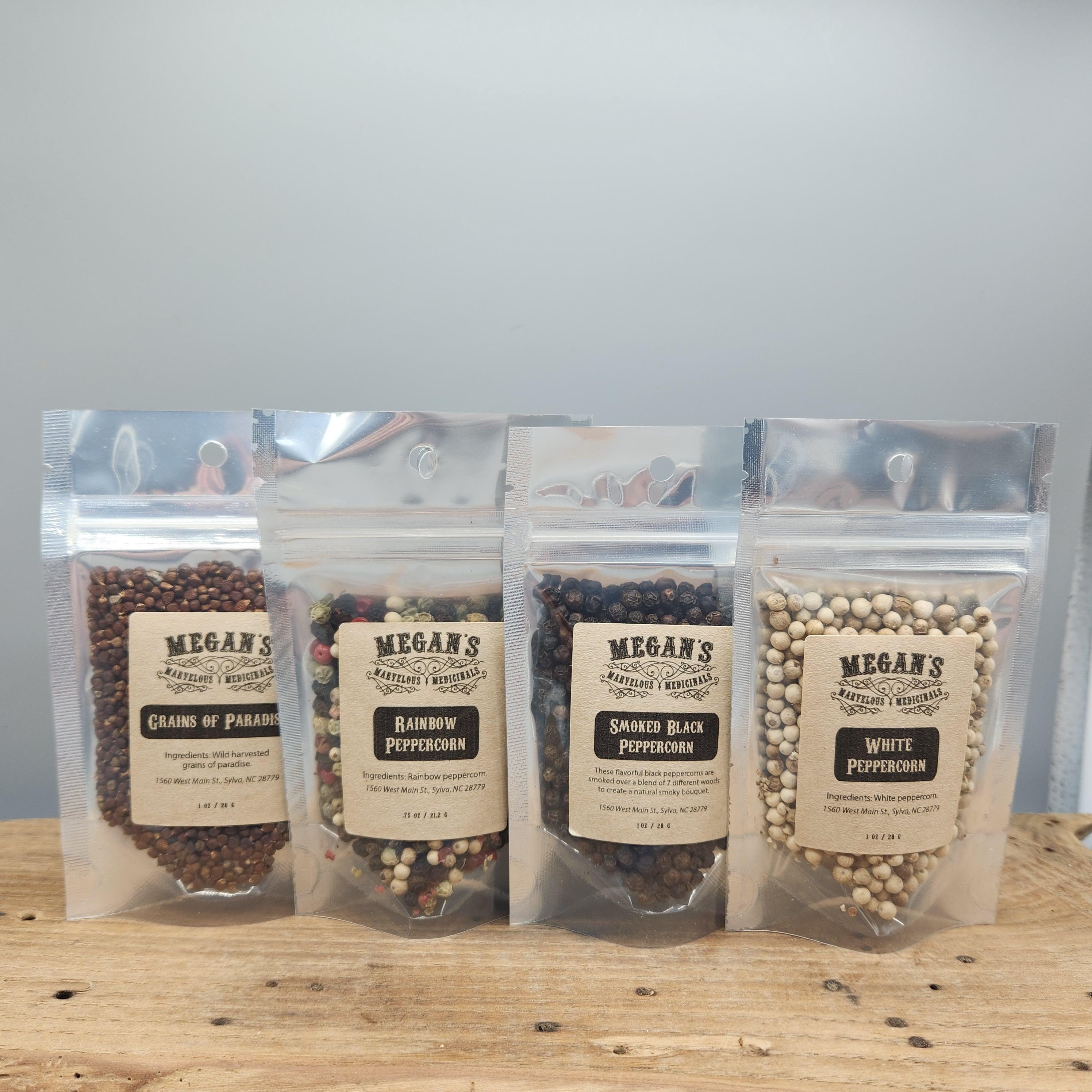 Organic Peppercorn Sampler – Smoked Black, White, Rainbow & Grains of Paradise