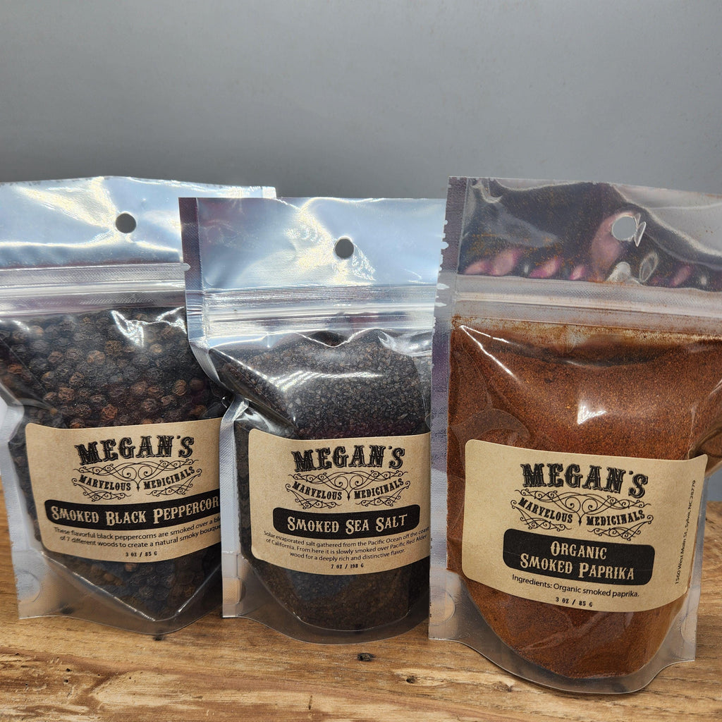 Smoked Spice Trio – Smoked Sea Salt, Smoked Paprika & Smoked Black Peppercorns