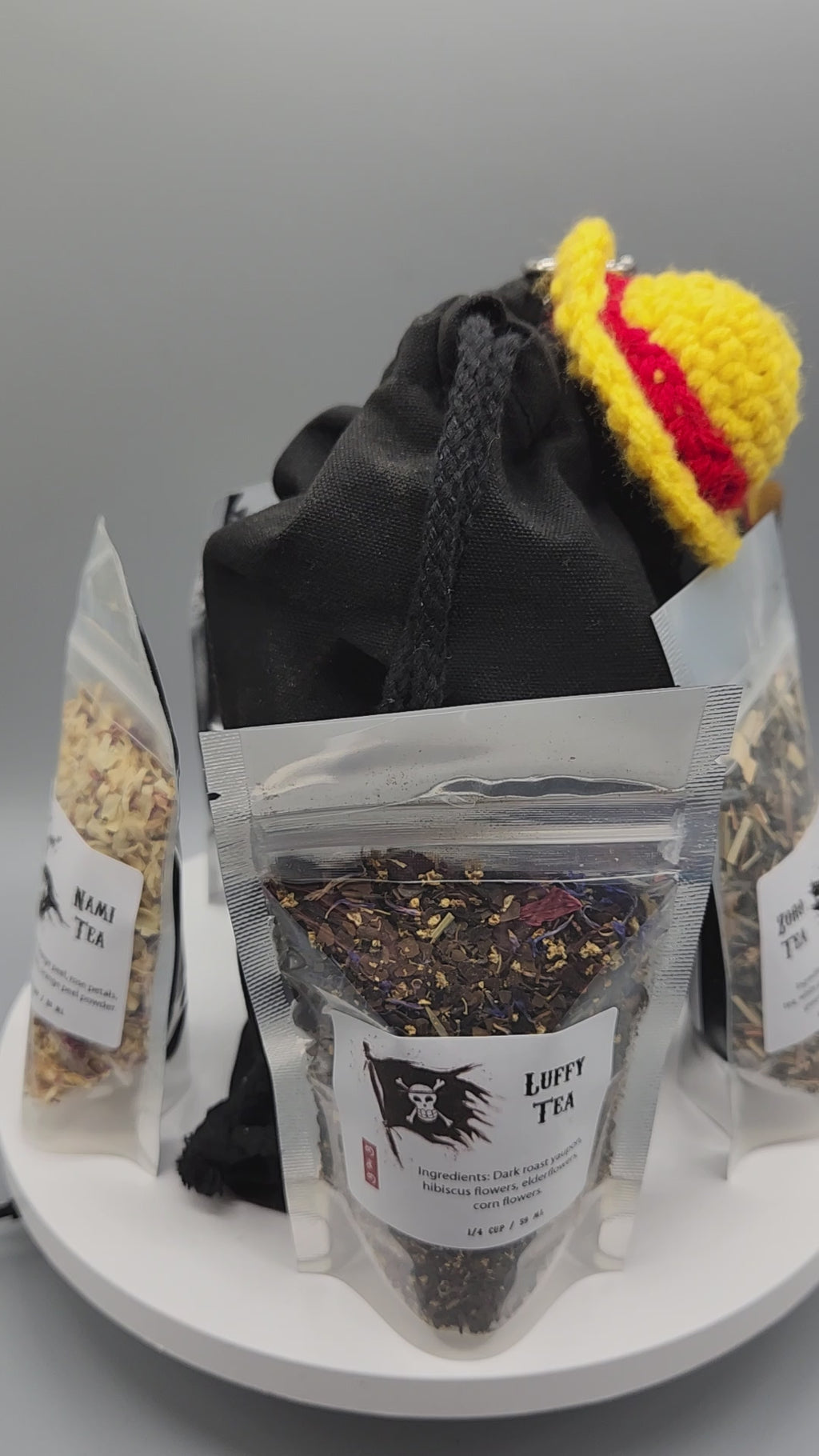 One Piece Inspired Straw Hat Crew Tea Gift Set, Original Artwork Labels, Handmade Crochet Straw Hat