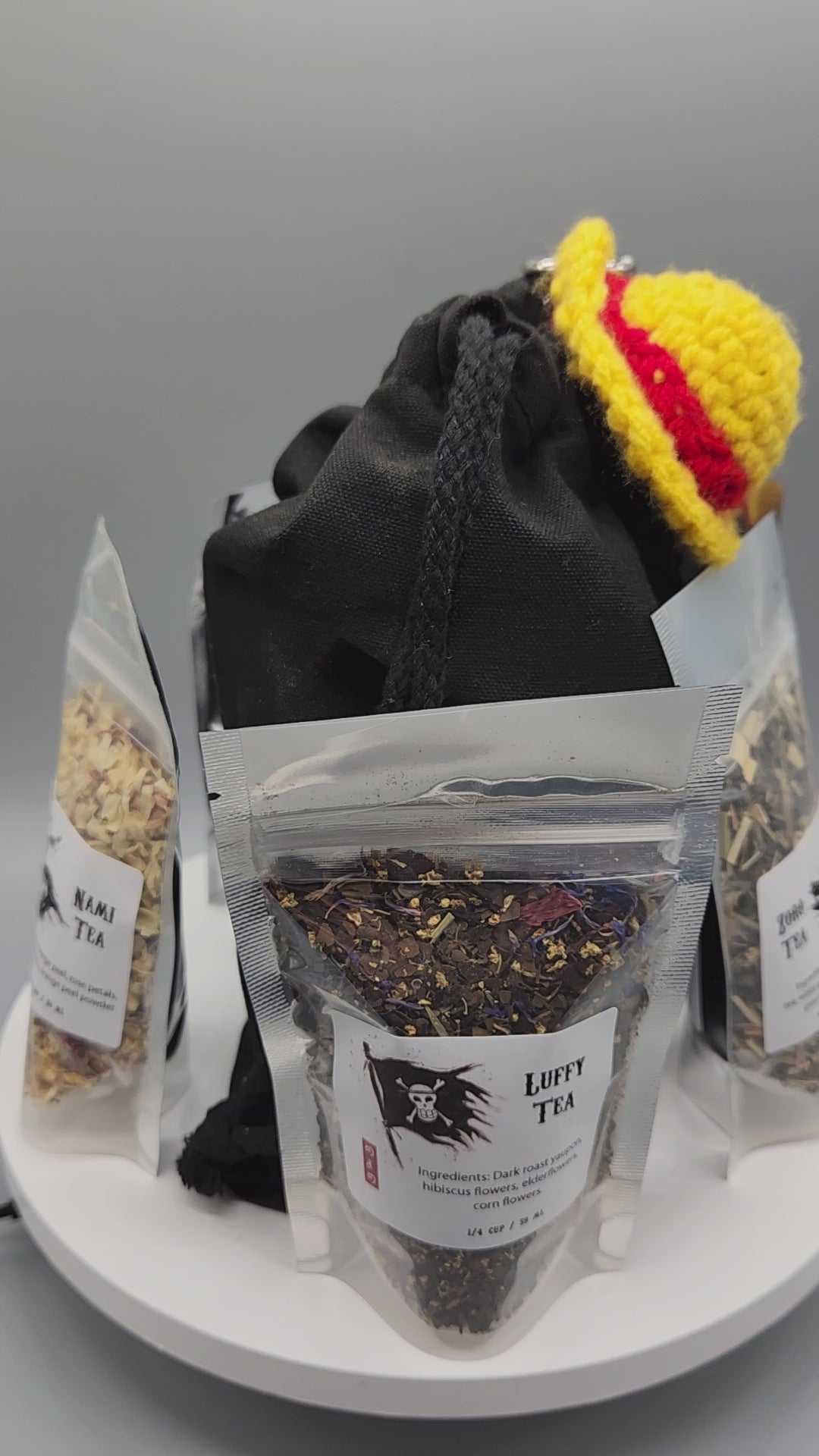 One Piece Inspired Straw Hat Crew Tea Gift Set, Original Artwork Labels, Handmade Crochet Straw Hat