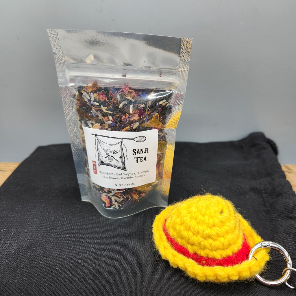 One Piece Inspired Straw Hat Crew Tea Gift Set, Original Artwork Labels, Handmade Crochet Straw Hat