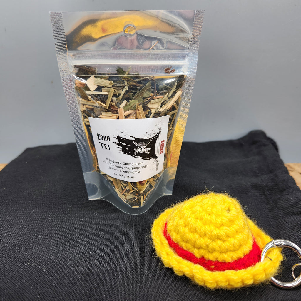 One Piece Inspired Straw Hat Crew Tea Gift Set, Original Artwork Labels, Handmade Crochet Straw Hat