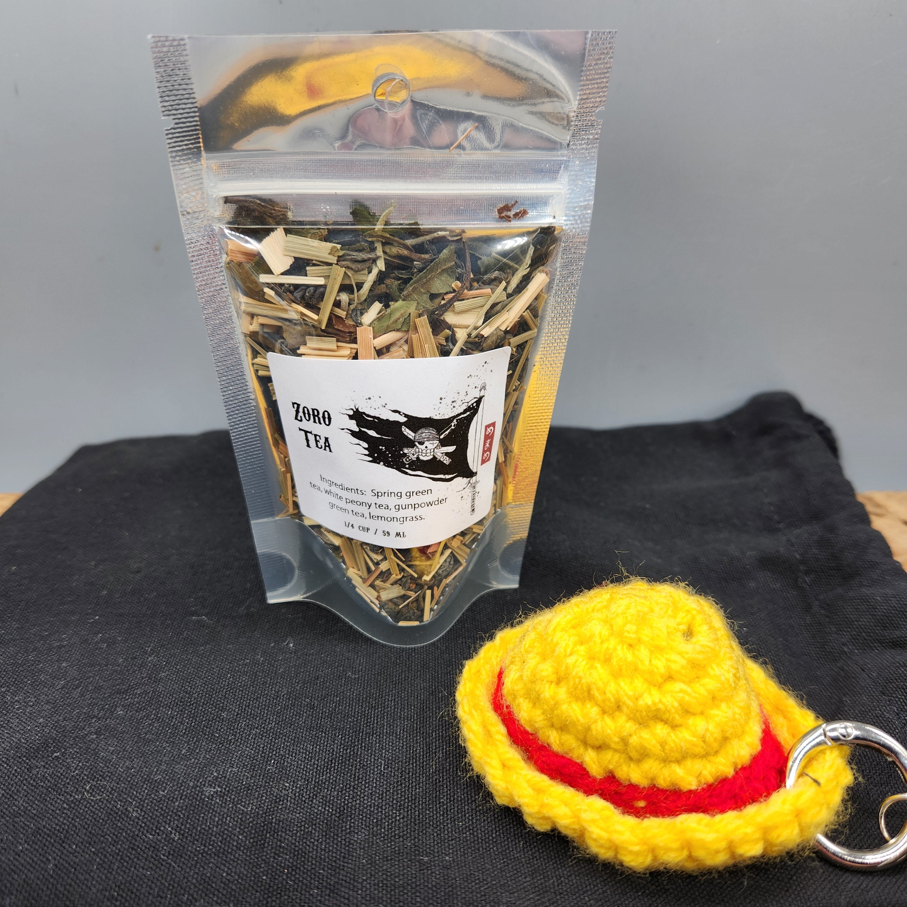 One Piece Inspired Straw Hat Crew Tea Gift Set, Original Artwork Labels, Handmade Crochet Straw Hat