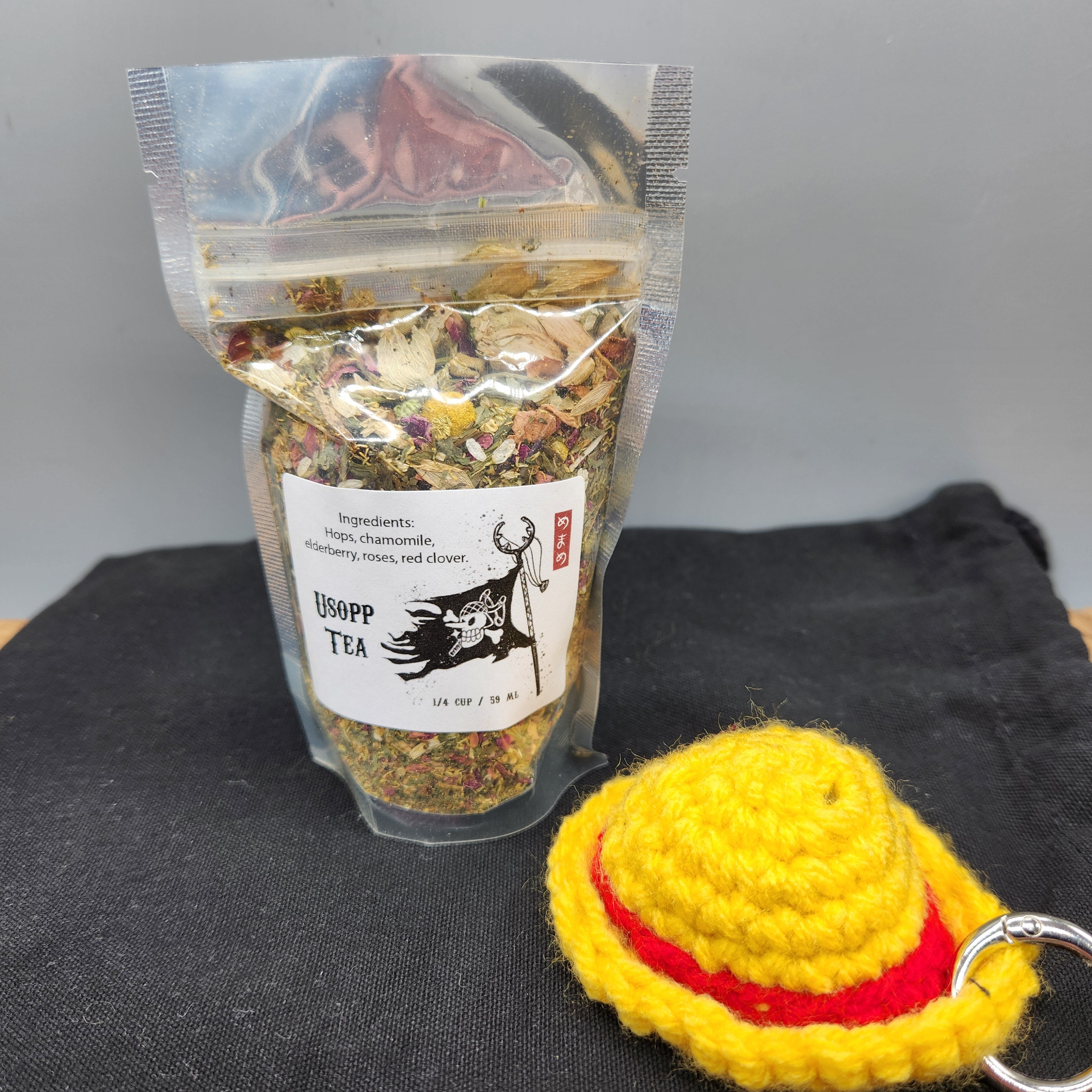 One Piece Inspired Straw Hat Crew Tea Gift Set, Original Artwork Labels, Handmade Crochet Straw Hat