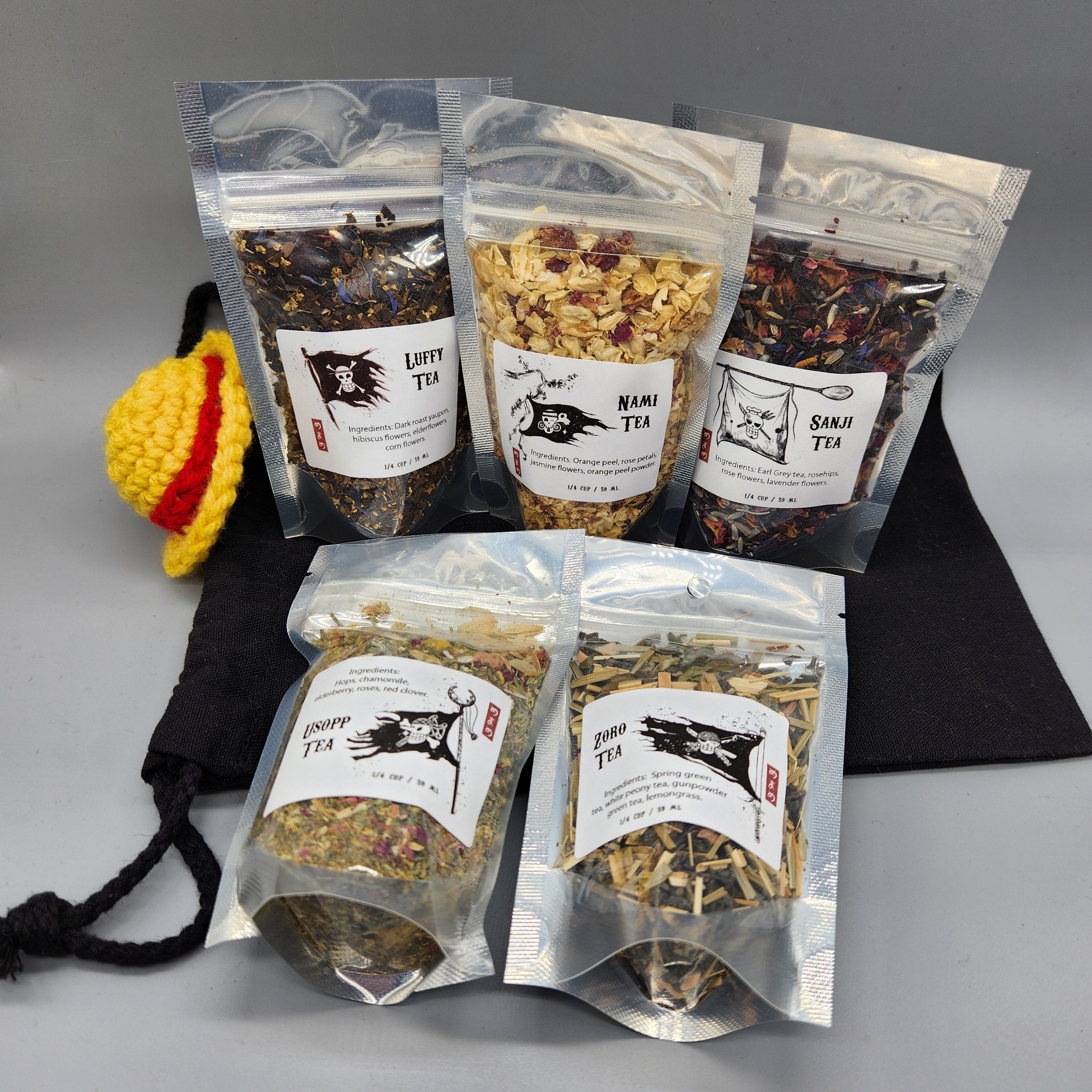 One Piece Inspired Straw Hat Crew Tea Gift Set, Original Artwork Labels, Handmade Crochet Straw Hat