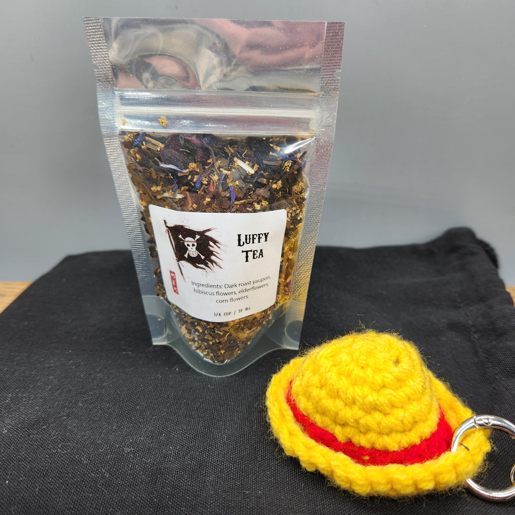 One Piece Inspired Straw Hat Crew Tea Gift Set, Original Artwork Labels, Handmade Crochet Straw Hat