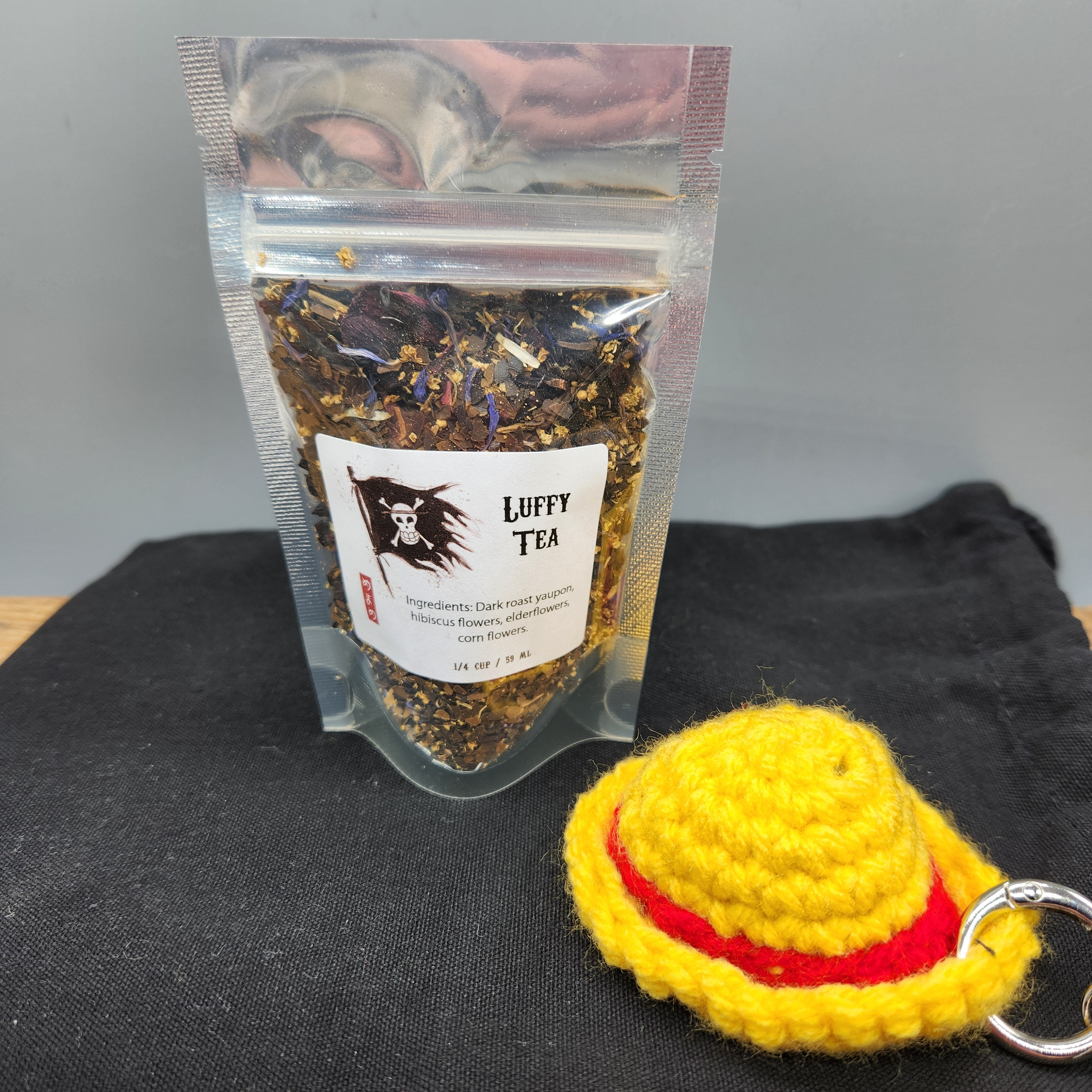 One Piece Inspired Straw Hat Crew Tea Gift Set, Original Artwork Labels, Handmade Crochet Straw Hat