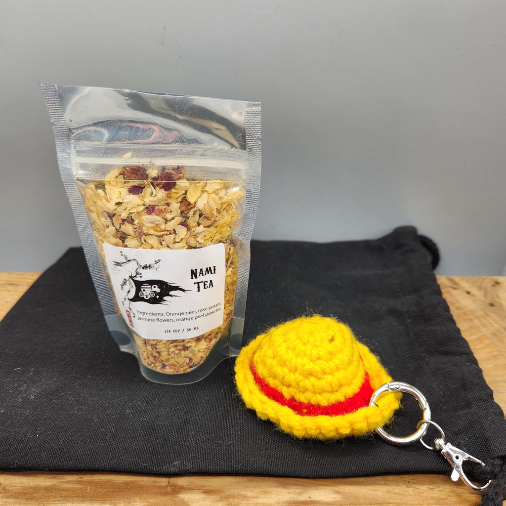 One Piece Inspired Straw Hat Crew Tea Gift Set, Original Artwork Labels, Handmade Crochet Straw Hat