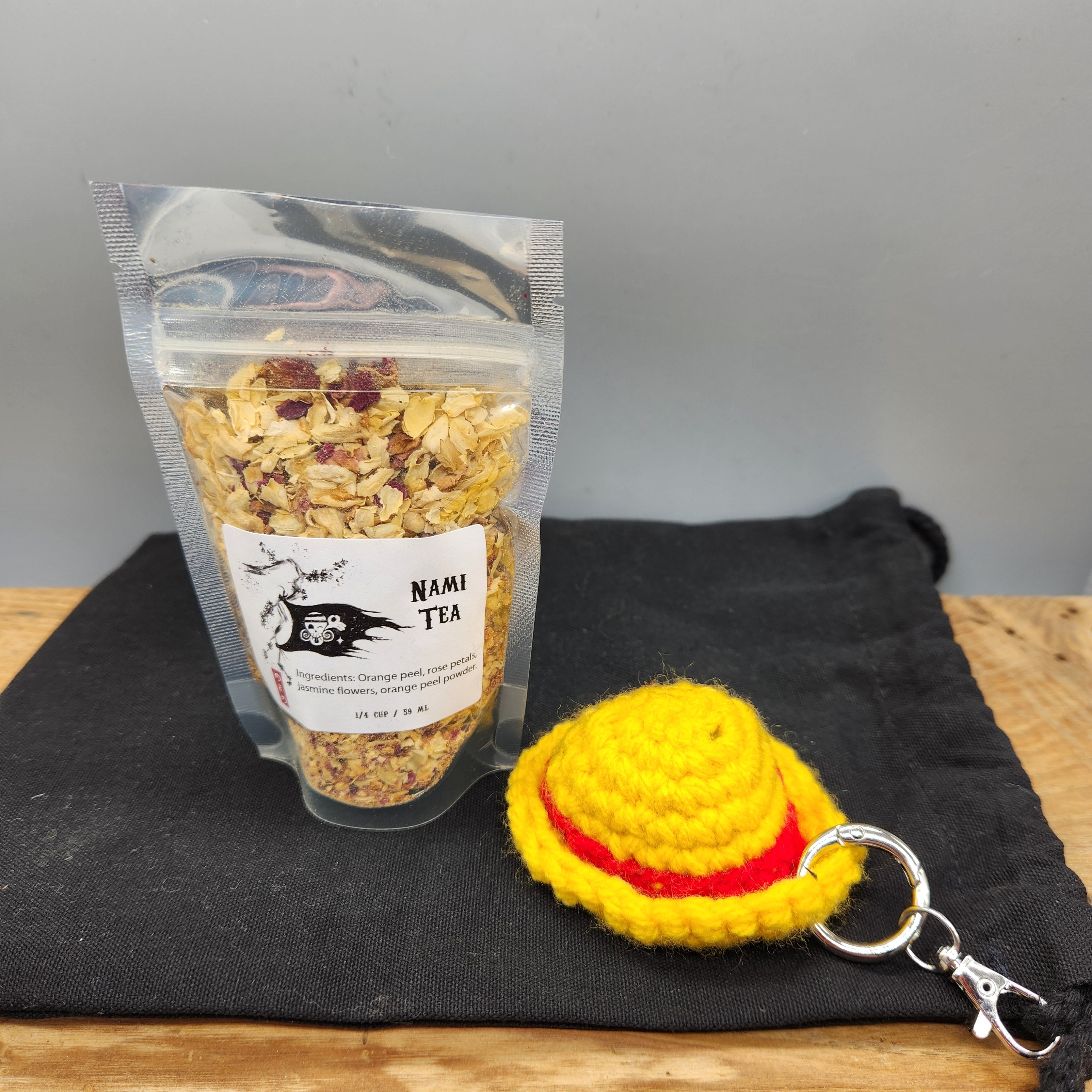 One Piece Inspired Straw Hat Crew Tea Gift Set, Original Artwork Labels, Handmade Crochet Straw Hat