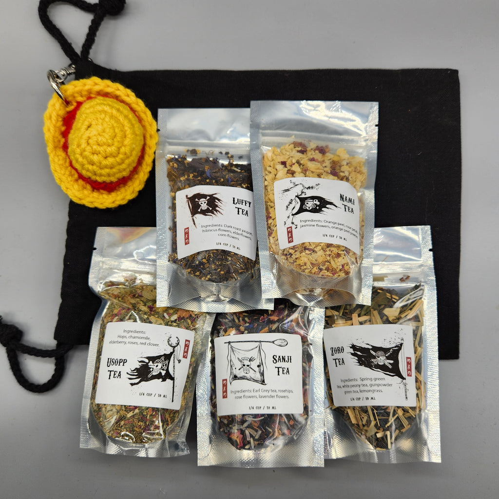 One Piece Inspired Straw Hat Crew Tea Gift Set, Original Artwork Labels, Handmade Crochet Straw Hat